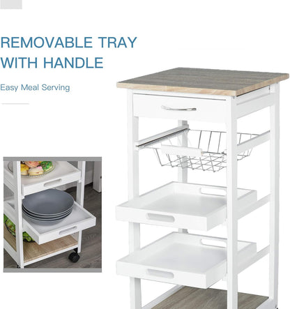 Rolling Kitchen Island Cart with Storage, Solid Wood Frame, Wire Fruit Baskets, Trays, and Drawer, White