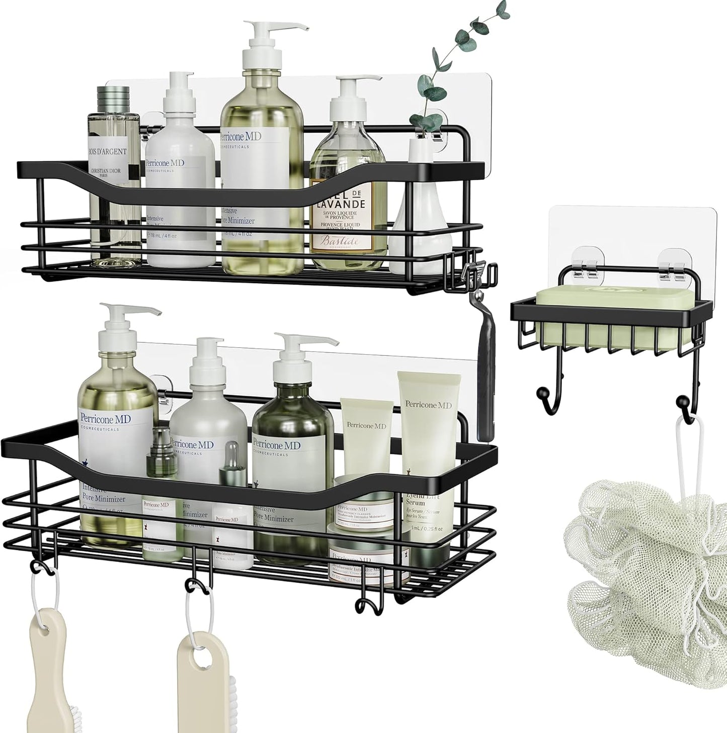 3-Pack Shower Caddy Set – Wall-Mounted Rustproof Stainless Steel Organizer with Soap Dish & 5 Hooks, No Drilling Needed