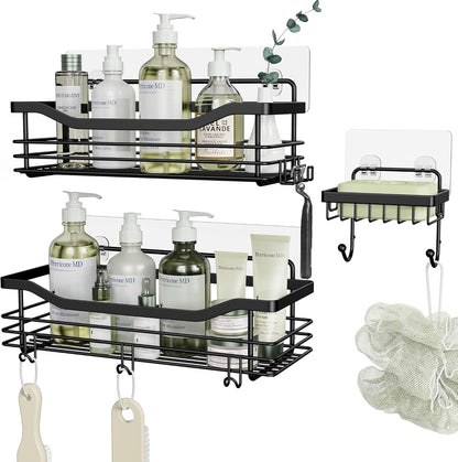 3-Pack Shower Caddy Set – Wall-Mounted Rustproof Stainless Steel Organizer with Soap Dish & 5 Hooks, No Drilling Needed