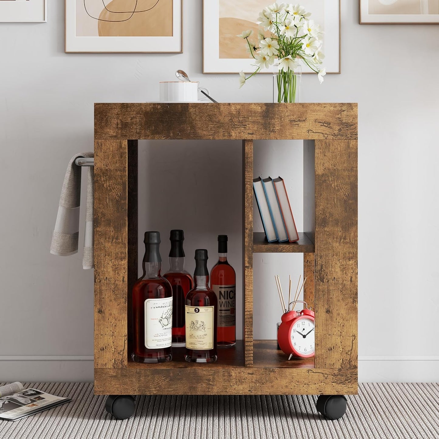 Stylish 24-Inch Extendable Kitchen Island with Convenient Sliding Handle and Ample Storage - Mobile Black Brown Kitchen Cart on Smooth Casters