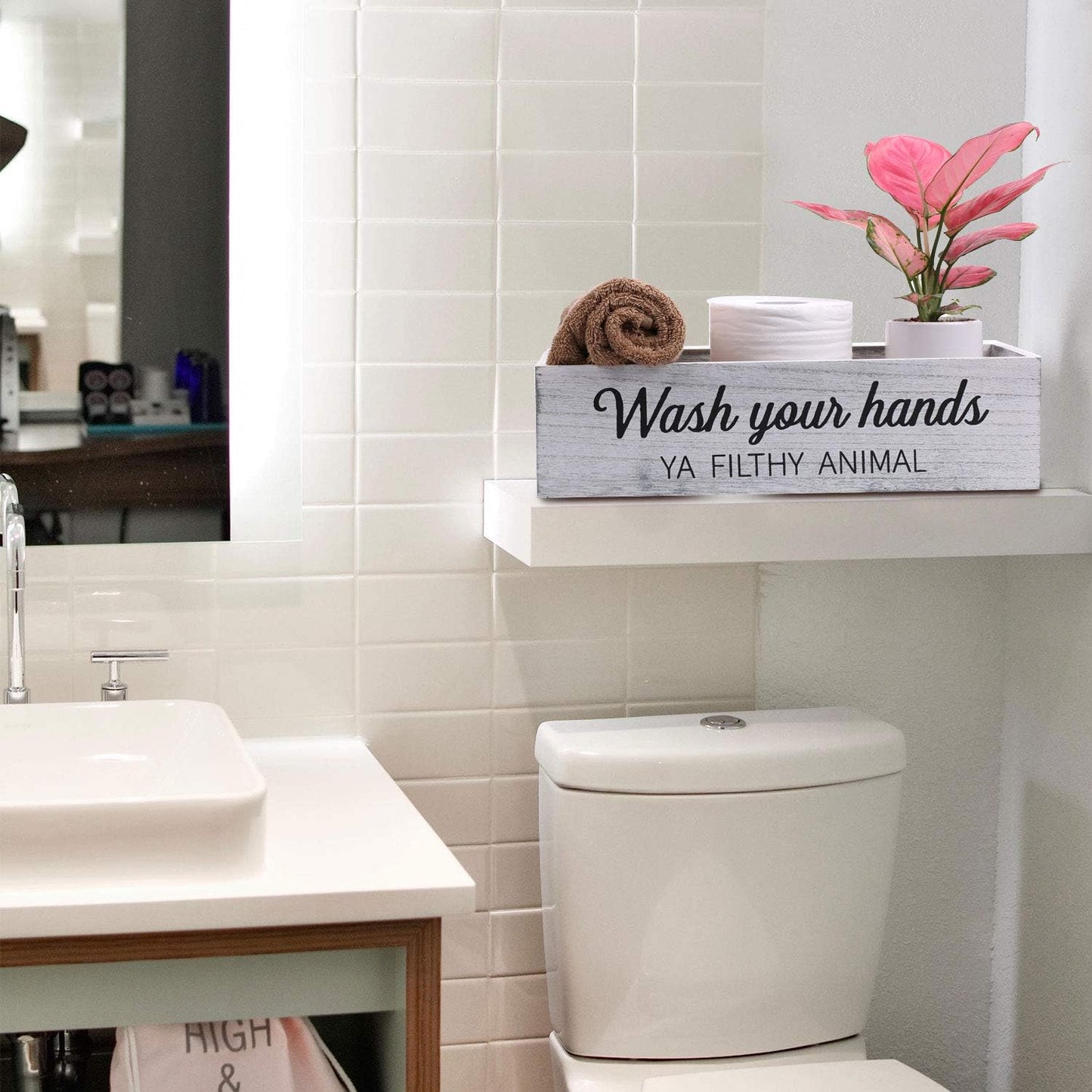 Rustic Whitewashed Bathroom Box – Double-Sided Sign Toilet Tank Basket
