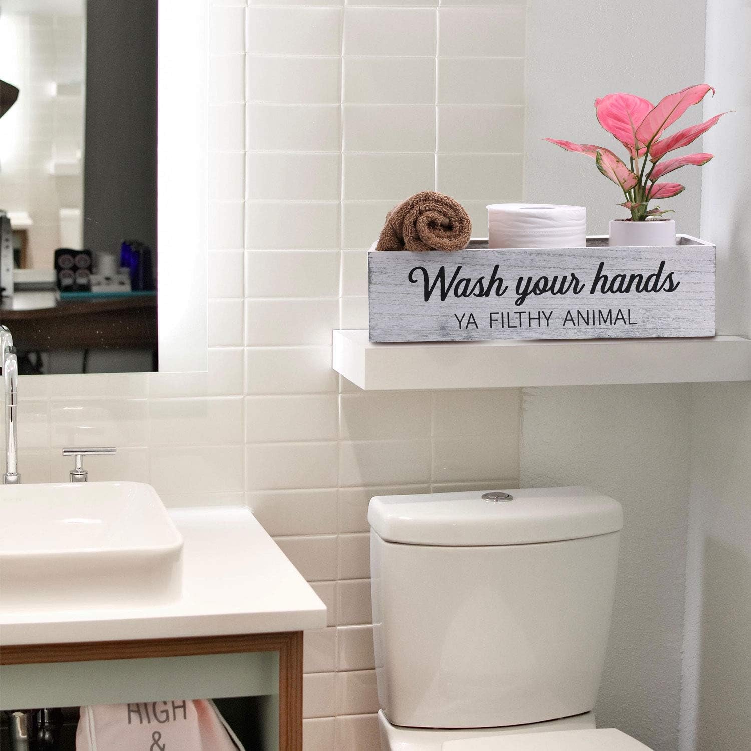 Rustic Whitewashed Bathroom Box – Double-Sided Sign Toilet Tank Basket