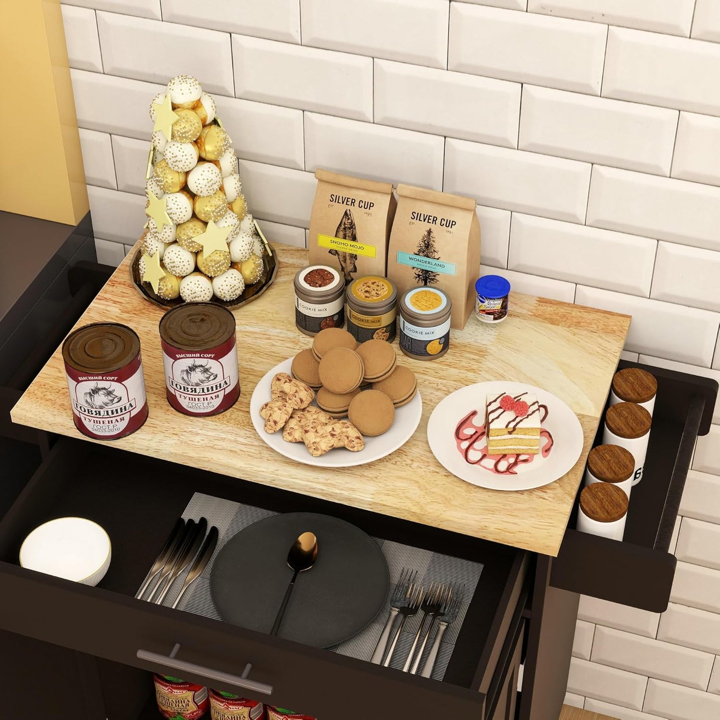 Stylish Mobile Kitchen Island with Versatile Rubberwood Top, Ample Storage, and Convenient Towel & Spice Racks in Elegant Black