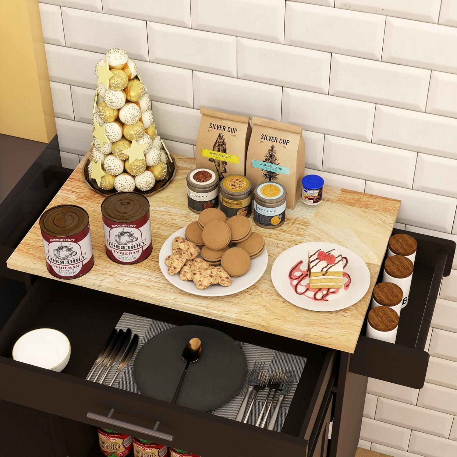 Stylish Mobile Kitchen Island with Versatile Rubberwood Top, Ample Storage, and Convenient Towel & Spice Racks in Elegant Black