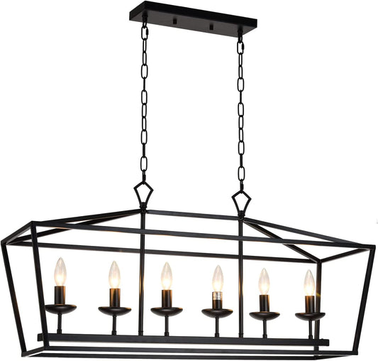 6-Light Linear Chandelier for Kitchen Island, Large Farmhouse Black Pendant Lighting for Dining Room, Vintage Candle-Style Hanging Fixture with Adjustable Design for Sloped Ceilings