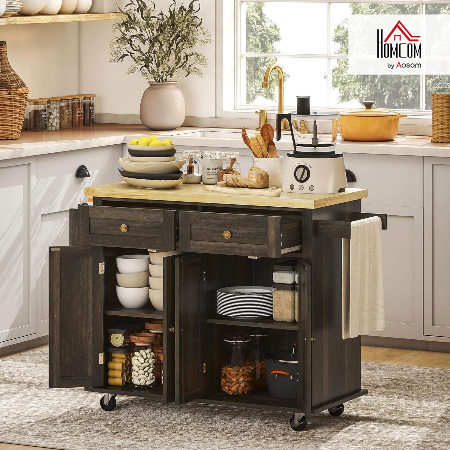 Rolling Kitchen Island Cart with Rubberwood Top, Adjustable Shelves, Drawers, Spice Rack, and Towel Rack in Brown Oak Finish