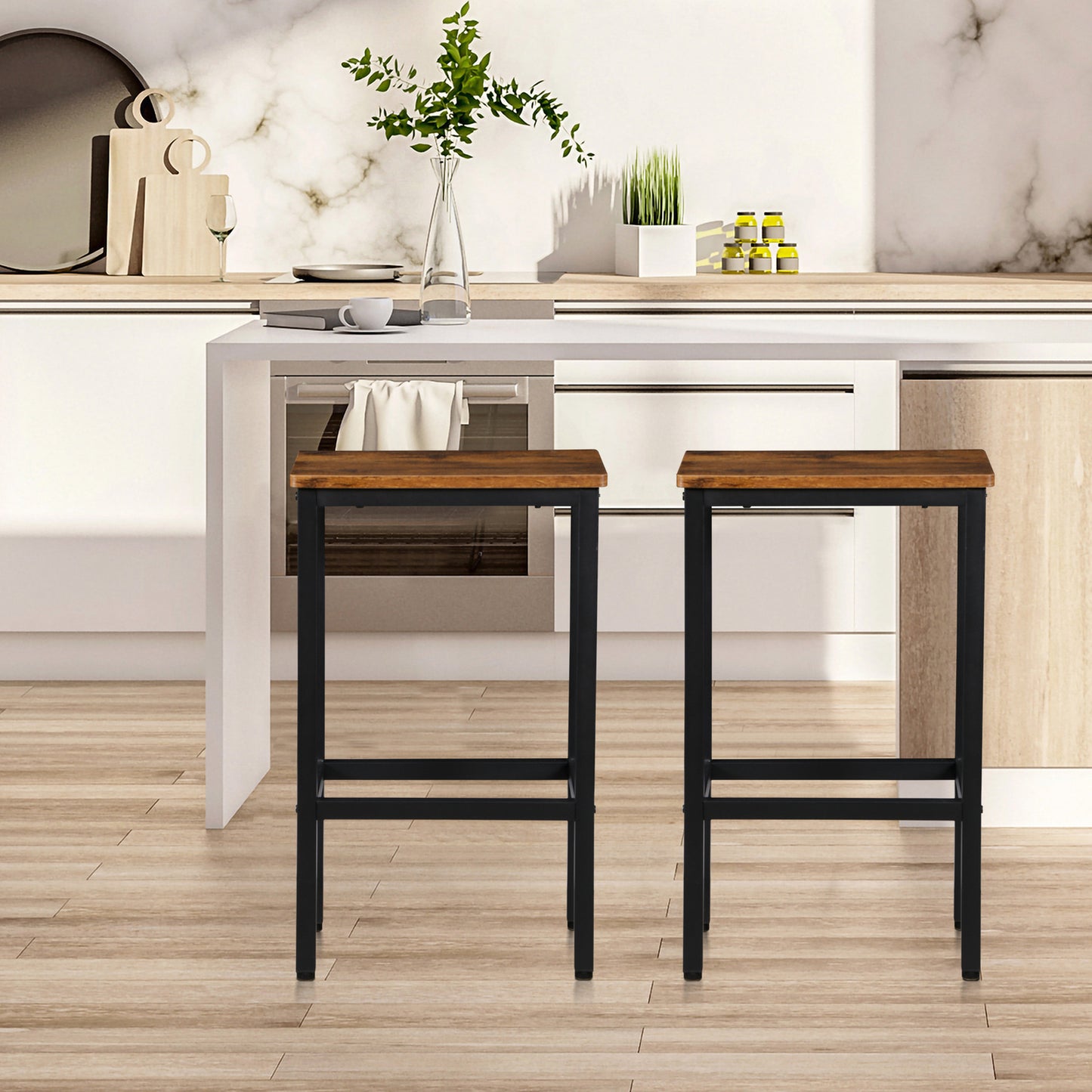 Set of 2 Industrial Bar Stools with Footrest for Kitchen and Breakfast Areas