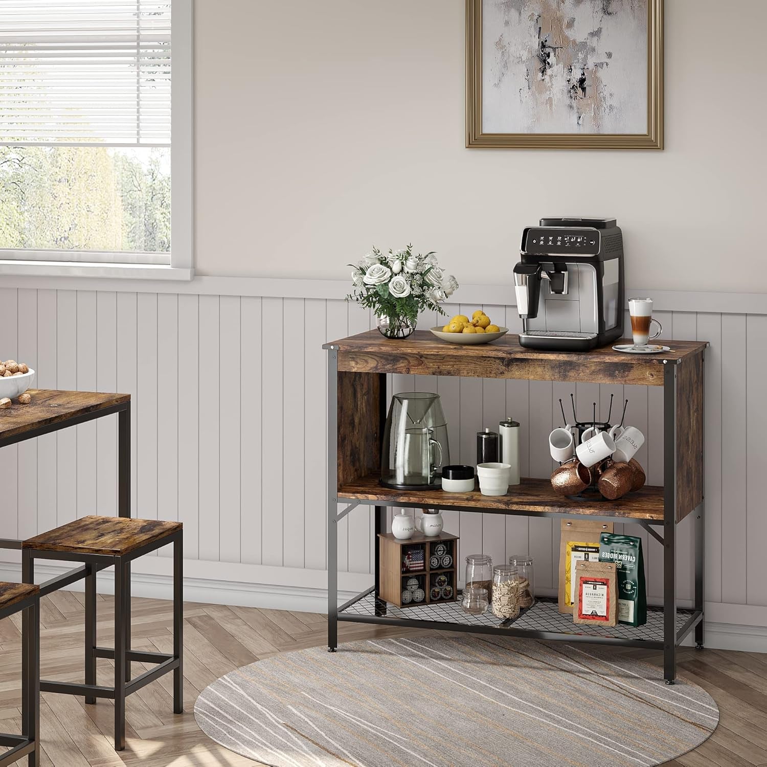 Industrial Kitchen Island with Storage and Open Shelves, Coffee Bar Buffet Cabinet Station