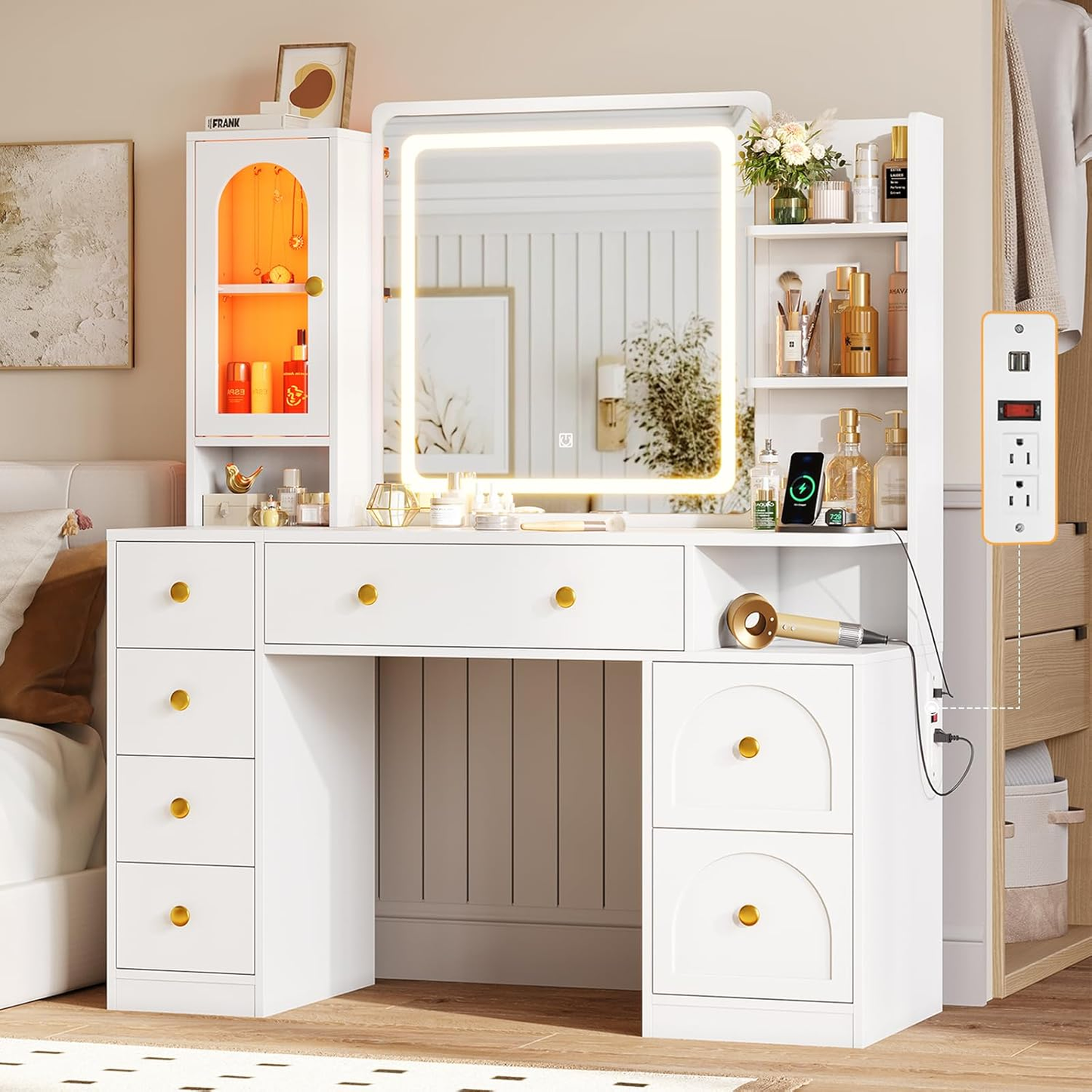 Elegant White Vanity Desk with Mirror and LED Lighting, Comprehensive Makeup Station Featuring 7 Drawers, Storage Shelves, RGB Glass Cabinet, and Charging Station, with Adjustable Lighting for Bedroom Use