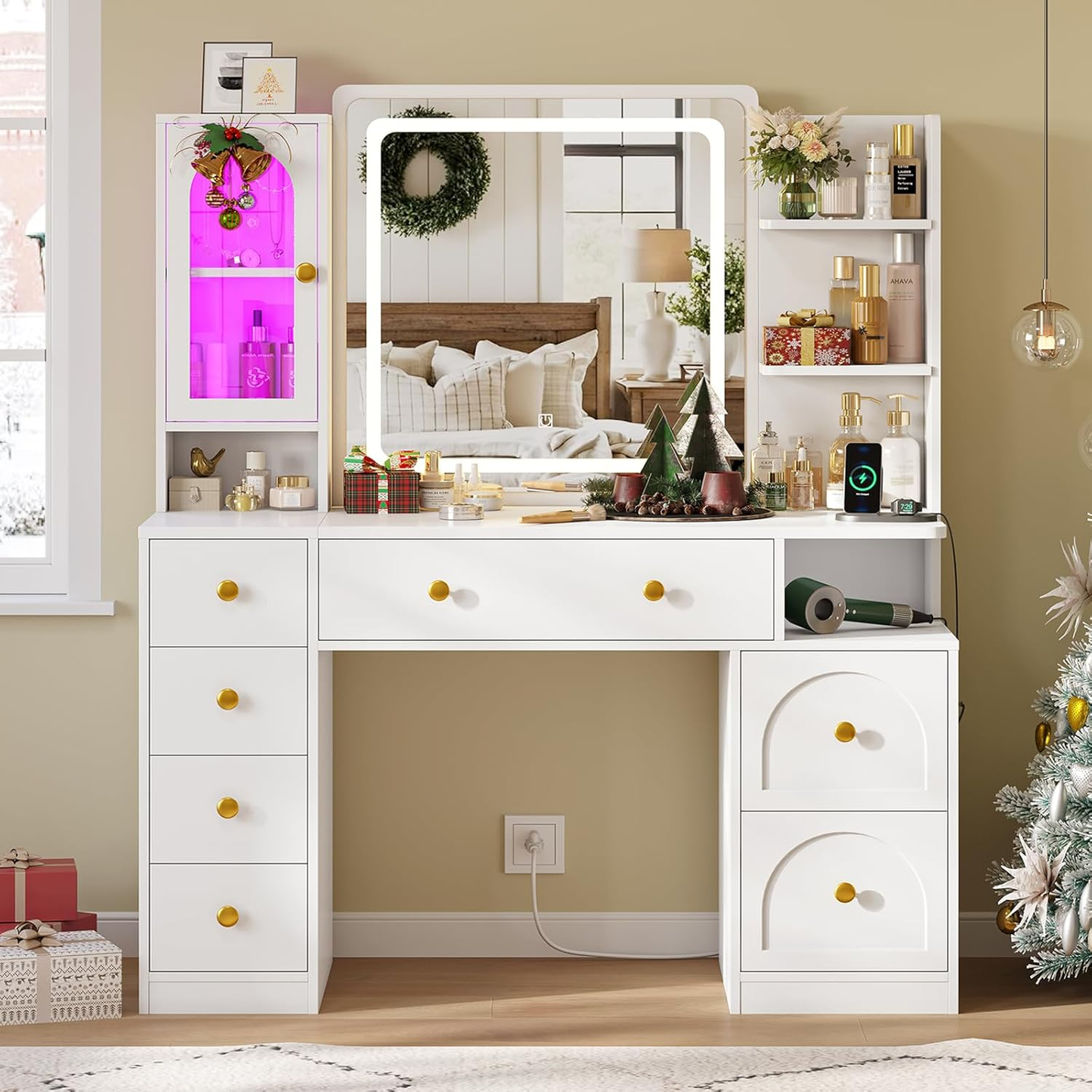 Elegant White Vanity Desk with Mirror and LED Lighting, Comprehensive Makeup Station Featuring 7 Drawers, Storage Shelves, RGB Glass Cabinet, and Charging Station, with Adjustable Lighting for Bedroom Use