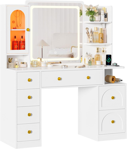 Elegant White Vanity Desk with Mirror and LED Lighting, Comprehensive Makeup Station Featuring 7 Drawers, Storage Shelves, RGB Glass Cabinet, and Charging Station, with Adjustable Lighting for Bedroom Use