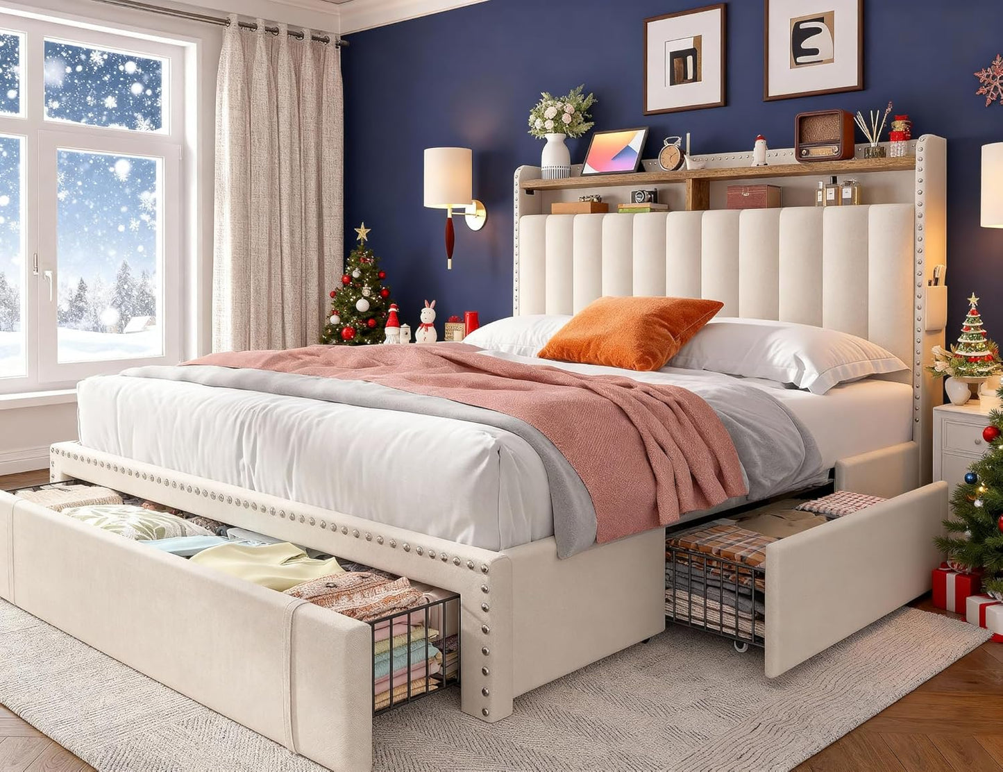 Stylish Queen Size Upholstered Bed Frame with Ample Storage: 3 Drawers & 2-Tier Headboard Shelves - No Box Spring Needed, 1100LBS Capacity, Effortless Assembly in Beige