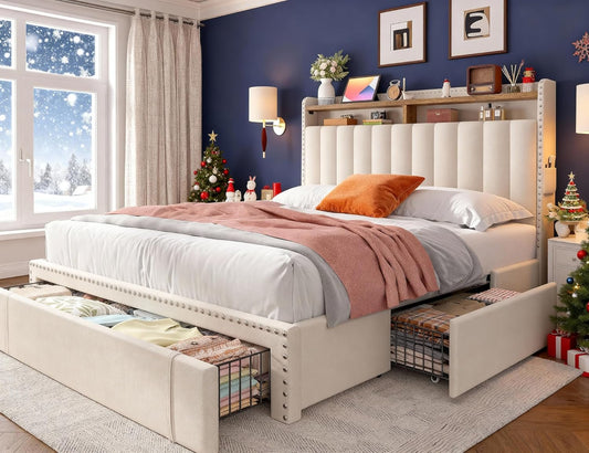 Stylish Queen Size Upholstered Bed Frame with Ample Storage: 3 Drawers & 2-Tier Headboard Shelves - No Box Spring Needed, 1100LBS Capacity, Effortless Assembly in Beige