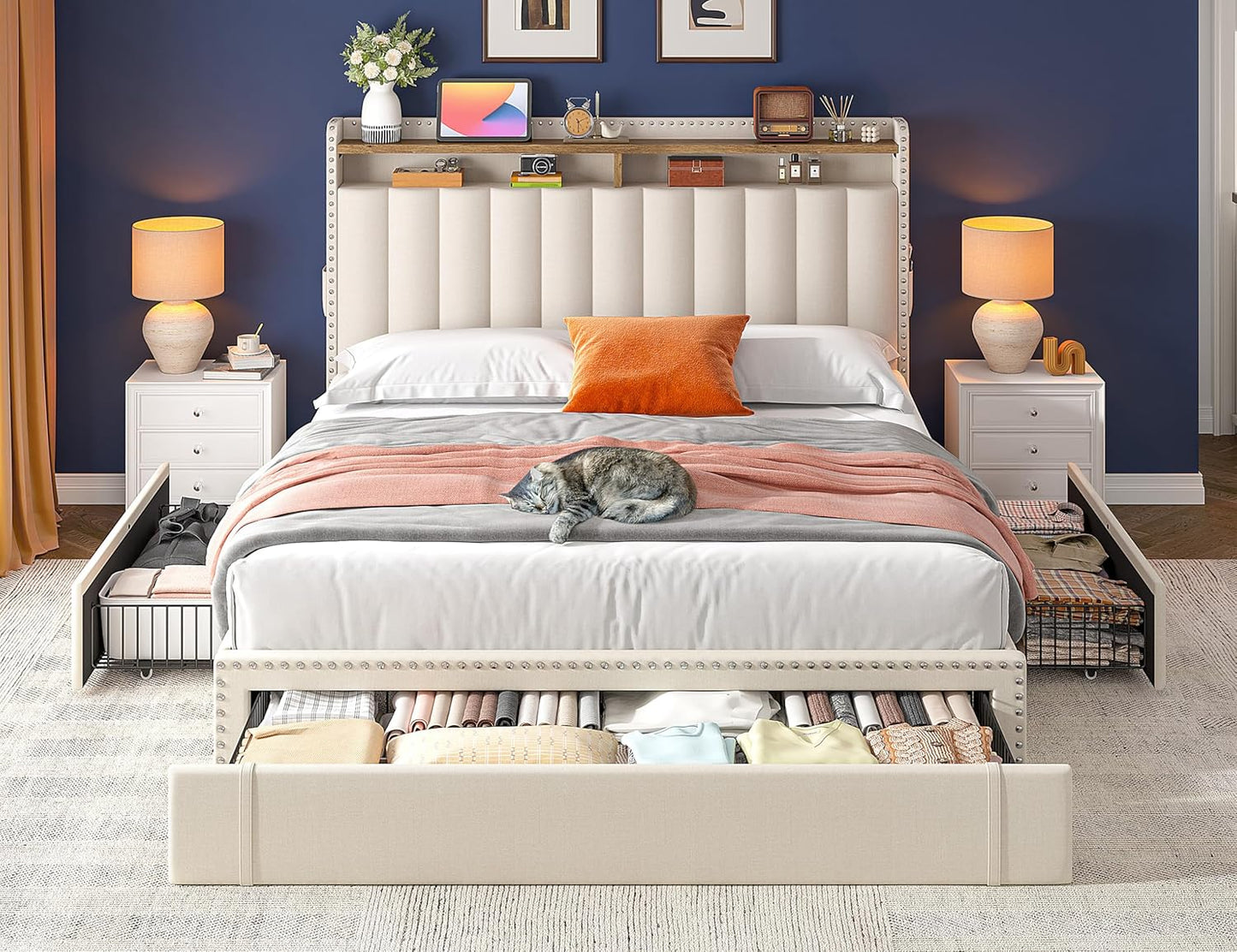 Stylish Queen Size Upholstered Bed Frame with Ample Storage: 3 Drawers & 2-Tier Headboard Shelves - No Box Spring Needed, 1100LBS Capacity, Effortless Assembly in Beige