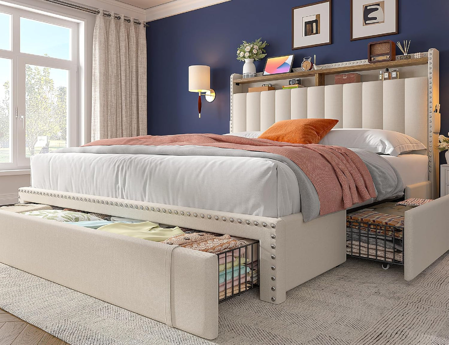 Stylish Queen Size Upholstered Bed Frame with Ample Storage: 3 Drawers & 2-Tier Headboard Shelves - No Box Spring Needed, 1100LBS Capacity, Effortless Assembly in Beige
