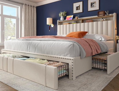 Stylish Queen Size Upholstered Bed Frame with Ample Storage: 3 Drawers & 2-Tier Headboard Shelves - No Box Spring Needed, 1100LBS Capacity, Effortless Assembly in Beige