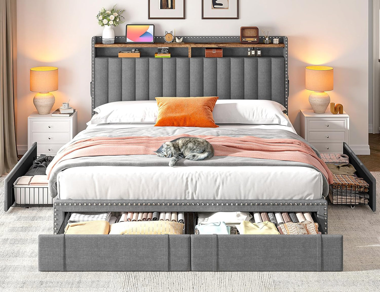 Stylish Queen Size Upholstered Bed Frame with Ample Storage: 3 Drawers & 2-Tier Headboard Shelves - No Box Spring Needed, 1100LBS Capacity, Effortless Assembly in Beige