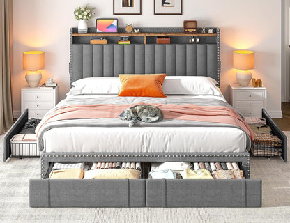 Stylish Queen Size Upholstered Bed Frame with Ample Storage: 3 Drawers & 2-Tier Headboard Shelves - No Box Spring Needed, 1100LBS Capacity, Effortless Assembly in Beige