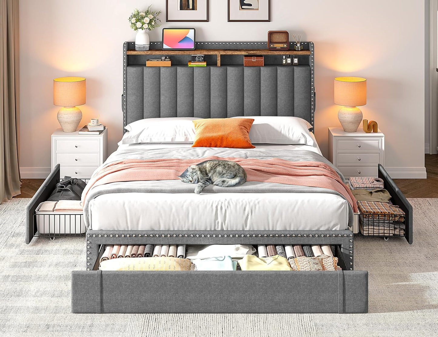 Stylish Queen Size Upholstered Bed Frame with Ample Storage: 3 Drawers & 2-Tier Headboard Shelves - No Box Spring Needed, 1100LBS Capacity, Effortless Assembly in Beige