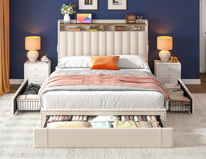 Stylish Queen Size Upholstered Bed Frame with Ample Storage: 3 Drawers & 2-Tier Headboard Shelves - No Box Spring Needed, 1100LBS Capacity, Effortless Assembly in Beige