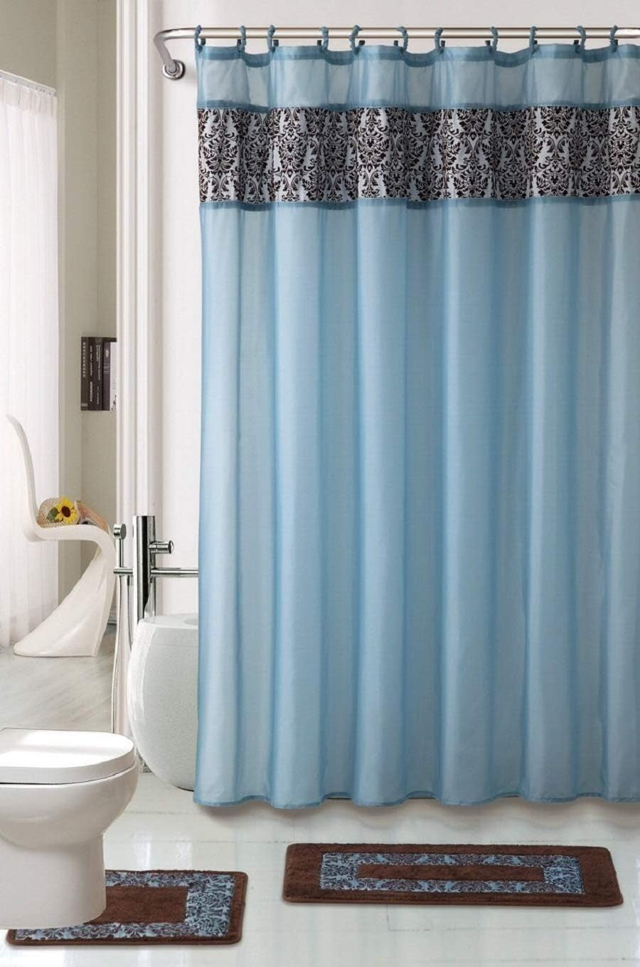 19-Piece Bathroom Set – Majestic Blue | Flocking Print Shower Curtain, Plush Rugs & Ceramic Accessories