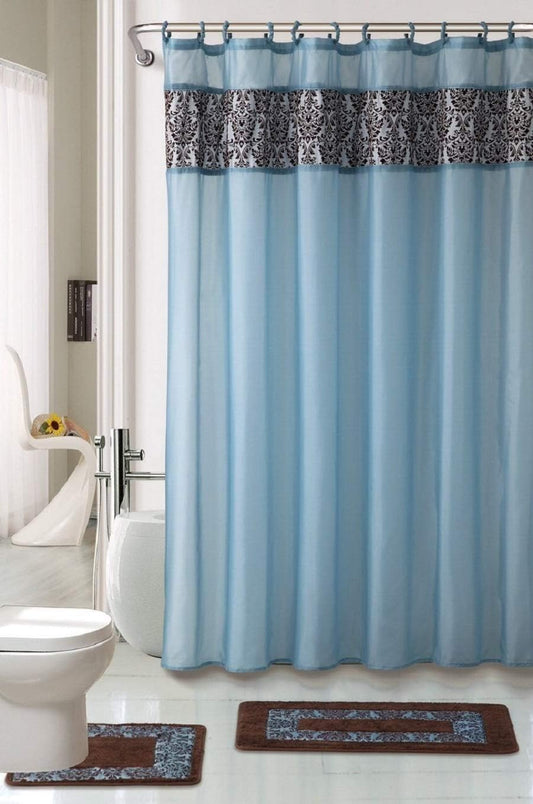 19-Piece Bathroom Set – Majestic Blue | Flocking Print Shower Curtain, Plush Rugs & Ceramic Accessories