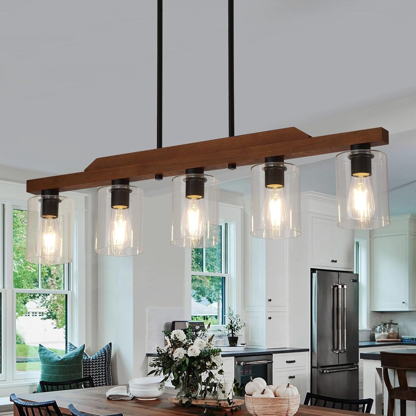 Rustic Wood 3-Light Linear Pendant Chandelier for Dining Room, Kitchen Island, and Foyer - UL Listed