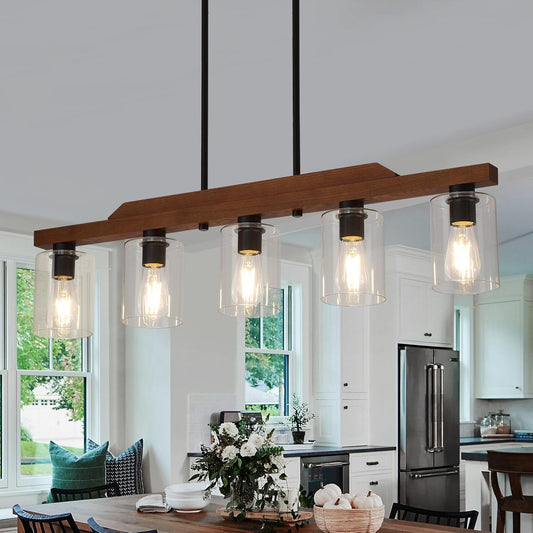 Rustic Wood 3-Light Linear Pendant Chandelier for Dining Room, Kitchen Island, and Foyer - UL Listed