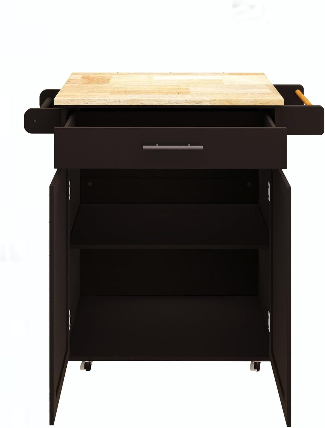 Stylish Mobile Kitchen Island with Versatile Rubberwood Top, Ample Storage, and Convenient Towel & Spice Racks in Elegant Black