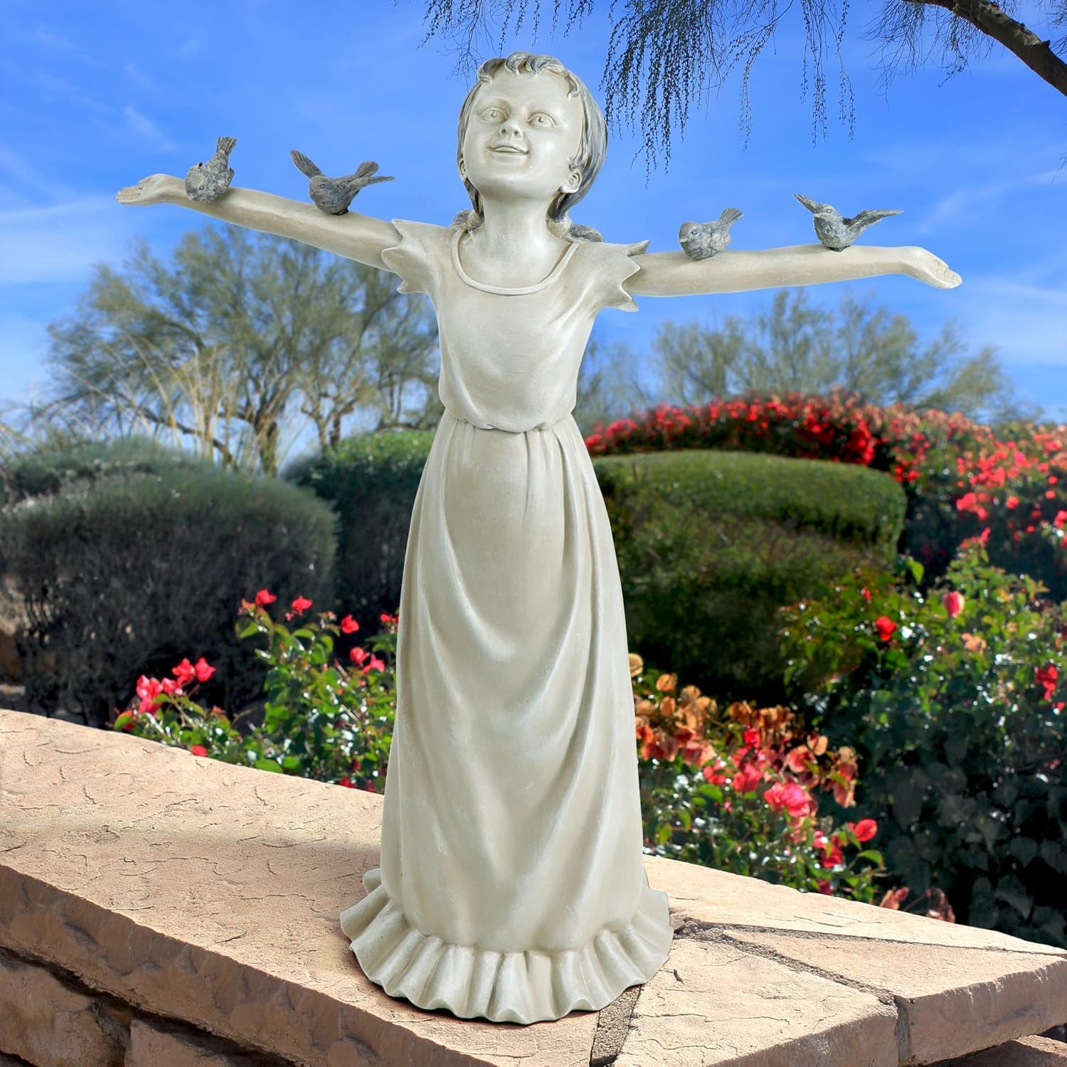 Basking in Glory Outdoor Garden Statue of Little Girl with Birds, 29 Inches Tall, Cast Stone Resin with Two-Tone Finish