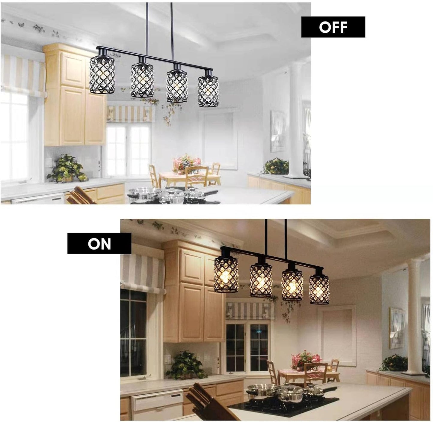 Elegant Black Linear Chandelier with K9 Crystal and Grid Shade - 4-Light Pendant Fixture for Dining Room and Kitchen Island