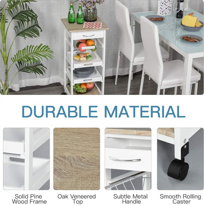 Rolling Kitchen Island Cart with Storage, Solid Wood Frame, Wire Fruit Baskets, Trays, and Drawer, White