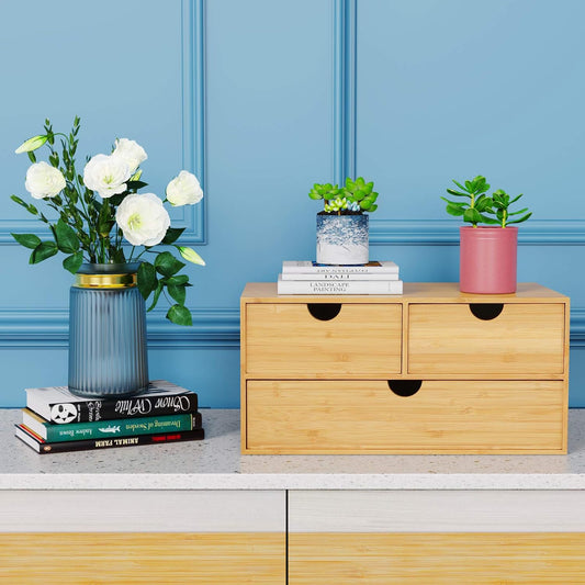 Bamboo Desk Drawer Organizer - Elegant Desktop Storage with 3 Drawers for Office, Home, and Vanity Supplies, No Assembly Needed