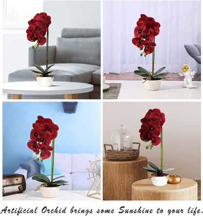 Artificial Red Orchid Plant - Burgundy Faux Flowers for Home Decor, Kitchen, Party, and Hotel Centerpieces - 17" Floral Arrangement