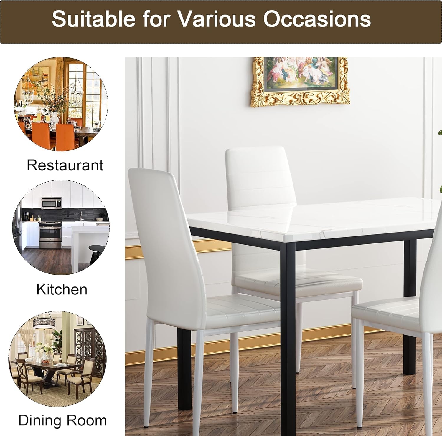 5-Piece Dining Table Set with Faux Marble Top and Faux Leather Upholstered Chairs, Ideal for Kitchen, Breakfast Nook, and Dining Room, White and Beige, 47.25" L x 27.56" W x 30.1" H