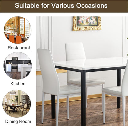 5-Piece Dining Table Set with Faux Marble Top and Faux Leather Upholstered Chairs, Ideal for Kitchen, Breakfast Nook, and Dining Room, White and Beige, 47.25" L x 27.56" W x 30.1" H