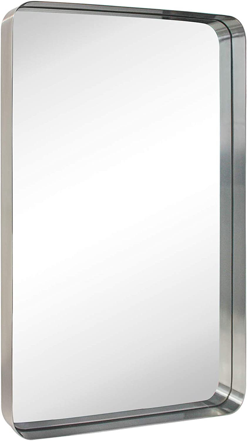 Brushed Nickel Framed Wall Mirror – 24" x 36" Rounded Rectangular Design in Stainless Steel for Bathroom Vanity