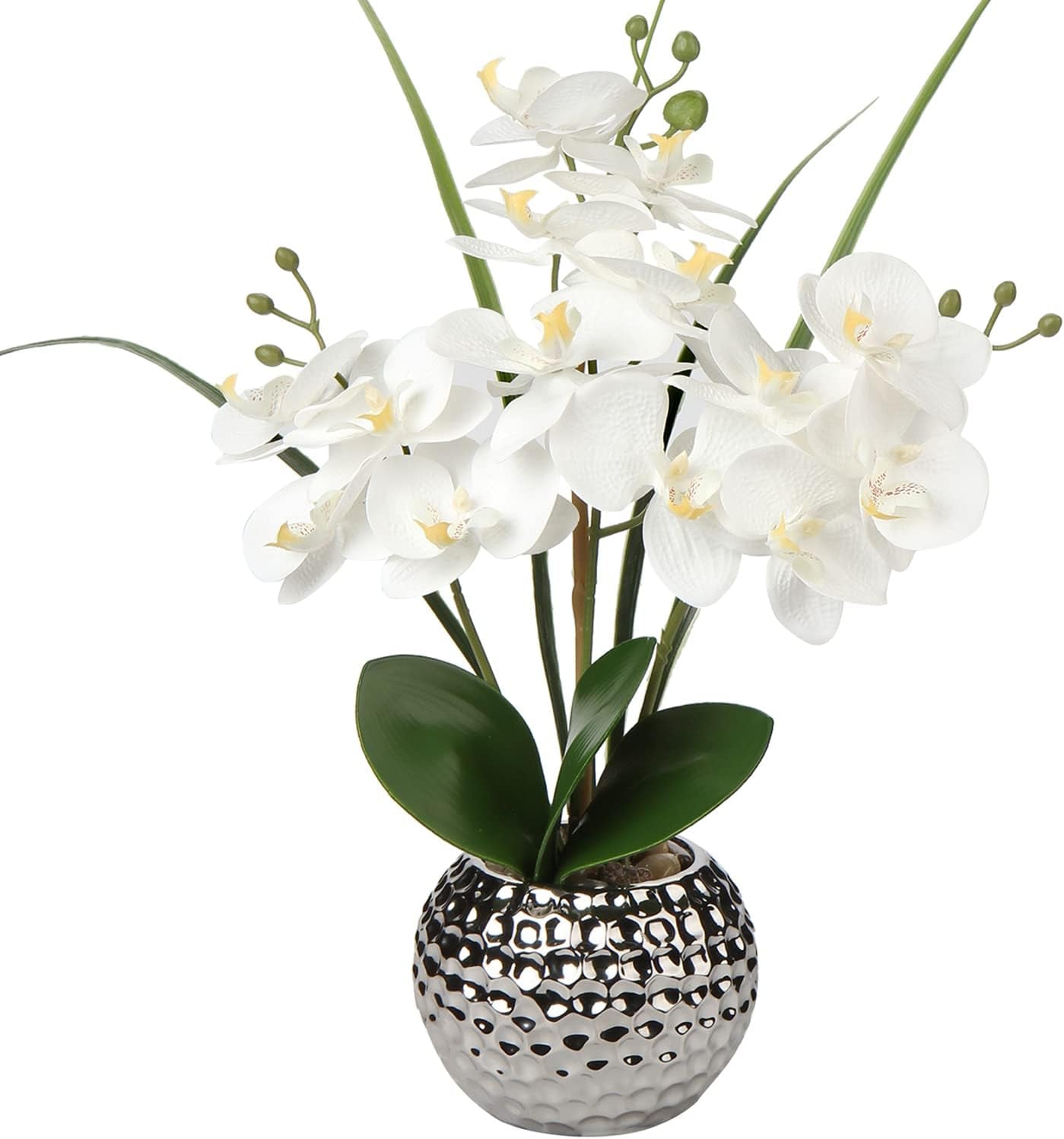 20'' White Artificial Phalaenopsis Orchid with Silver Vase - Elegant Faux Floral Arrangement for Home, Office, and Kitchen Decor
