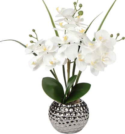 20'' White Artificial Phalaenopsis Orchid with Silver Vase - Elegant Faux Floral Arrangement for Home, Office, and Kitchen Decor