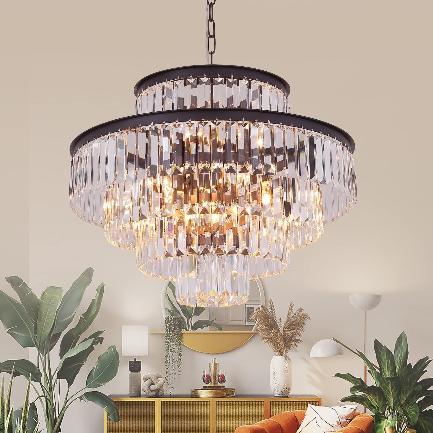 Elegant 7-Tier Crystal Chandelier, 17-Light Nickel Finish