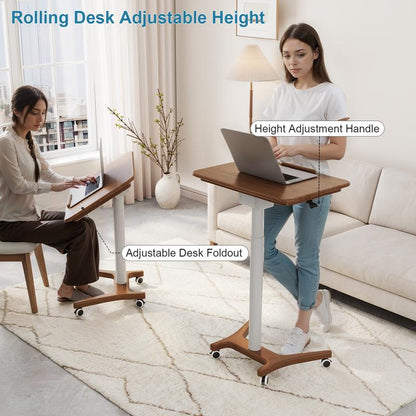 Solid Wood Mobile Standing Desk, Adjustable Work Table with Wheels, Space Saving, Rolling Standing Desk for Home Office, Bedroom,Couch