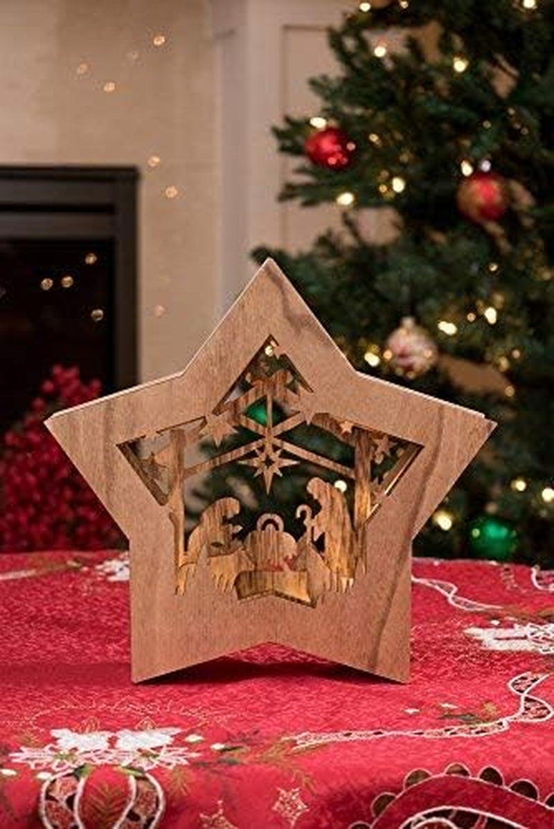Wooden Star-Shaped Nativity Scene Christmas Ornament with LED Lighting 