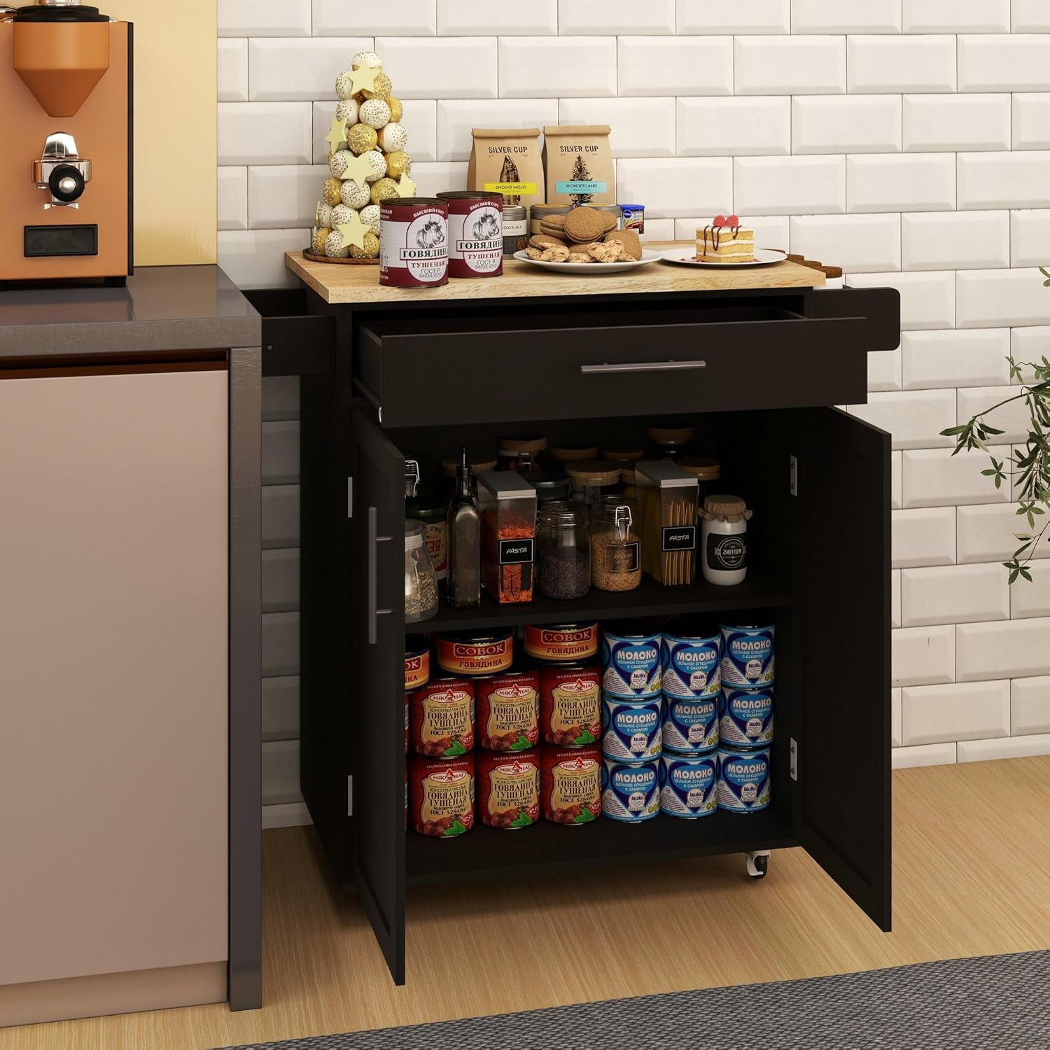 Stylish Mobile Kitchen Island with Versatile Rubberwood Top, Ample Storage, and Convenient Towel & Spice Racks in Elegant Black