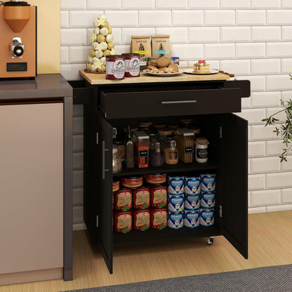 Stylish Mobile Kitchen Island with Versatile Rubberwood Top, Ample Storage, and Convenient Towel & Spice Racks in Elegant Black