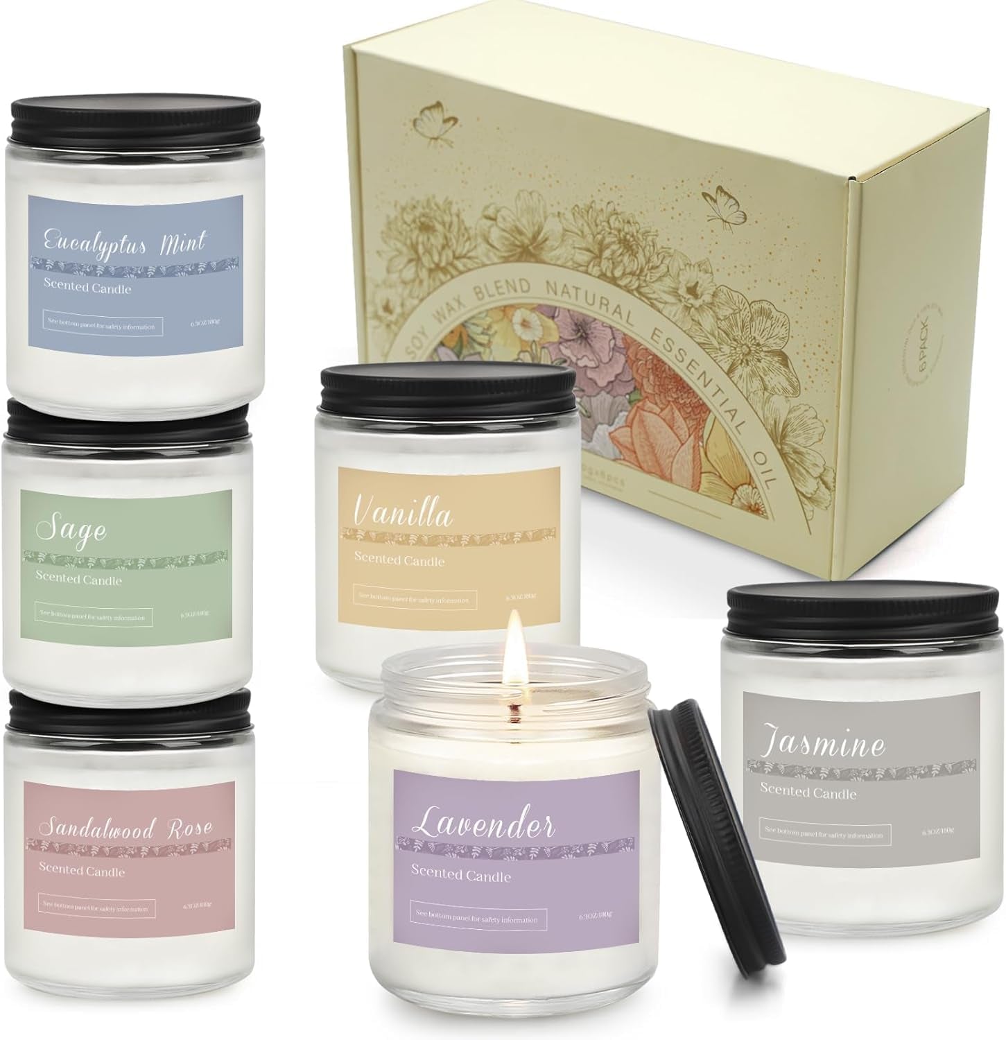 Aromatherapy Scented Candle Gift Set - 6-Pack with 300-Hour Burn Time, Featuring Lavender, Jasmine, Vanilla, Sage, Sandalwood, Rose, and Eucalyptus Mint - Perfect for Gifting to Women
