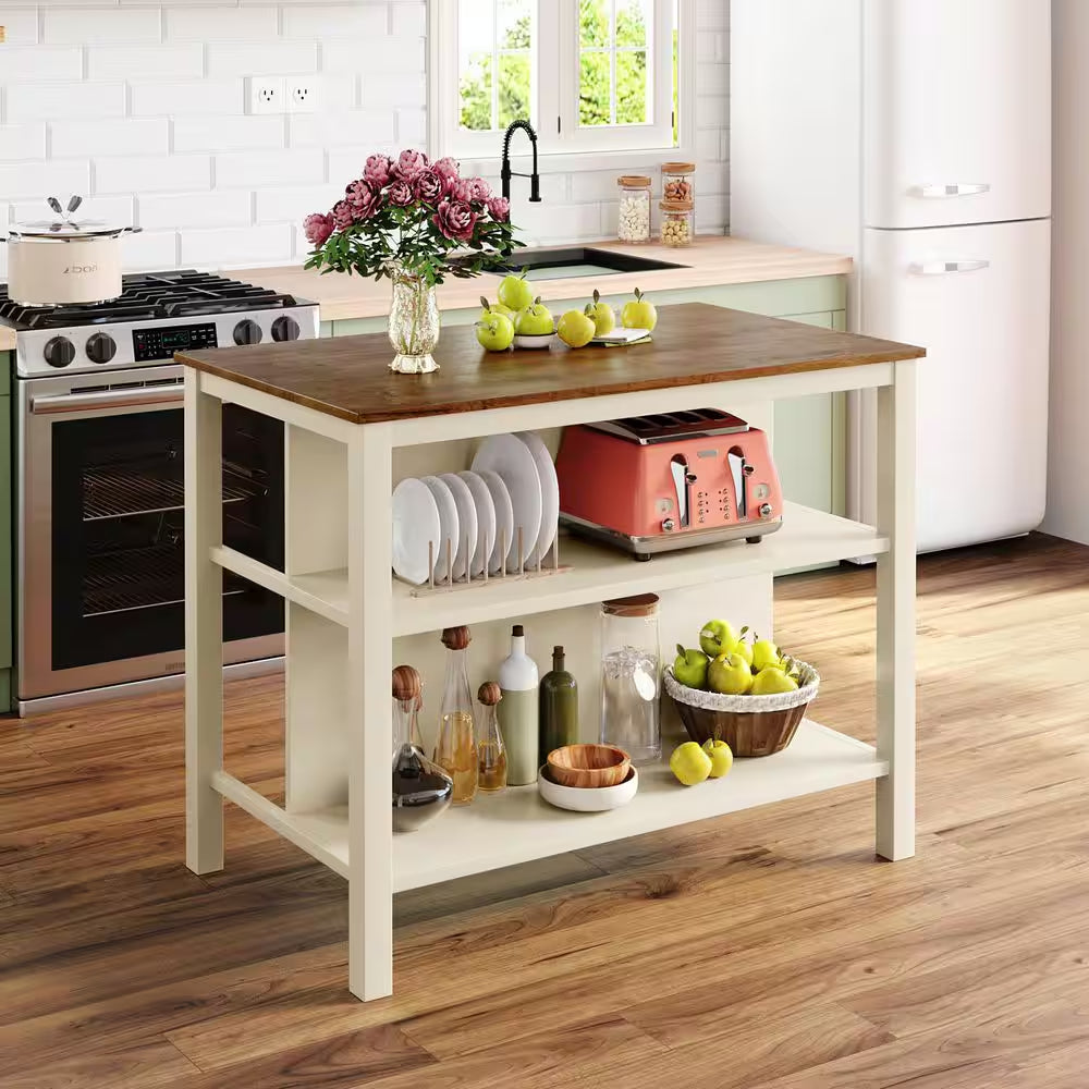   Kitchen Island with Storage Shelves and Butcher Block Top