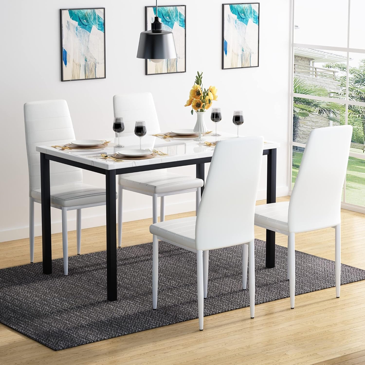 5-Piece Dining Table Set with Faux Marble Top and Faux Leather Upholstered Chairs, Ideal for Kitchen, Breakfast Nook, and Dining Room, White and Beige, 47.25" L x 27.56" W x 30.1" H