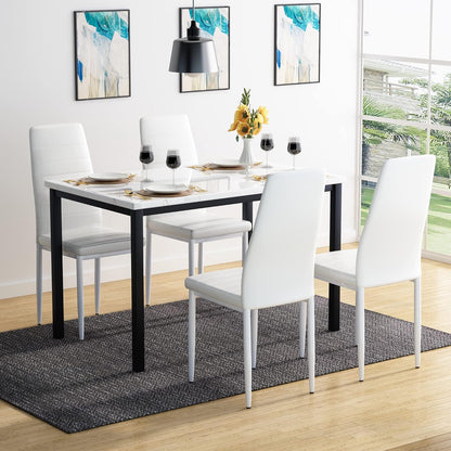 5-Piece Dining Table Set with Faux Marble Top and Faux Leather Upholstered Chairs, Ideal for Kitchen, Breakfast Nook, and Dining Room, White and Beige, 47.25" L x 27.56" W x 30.1" H