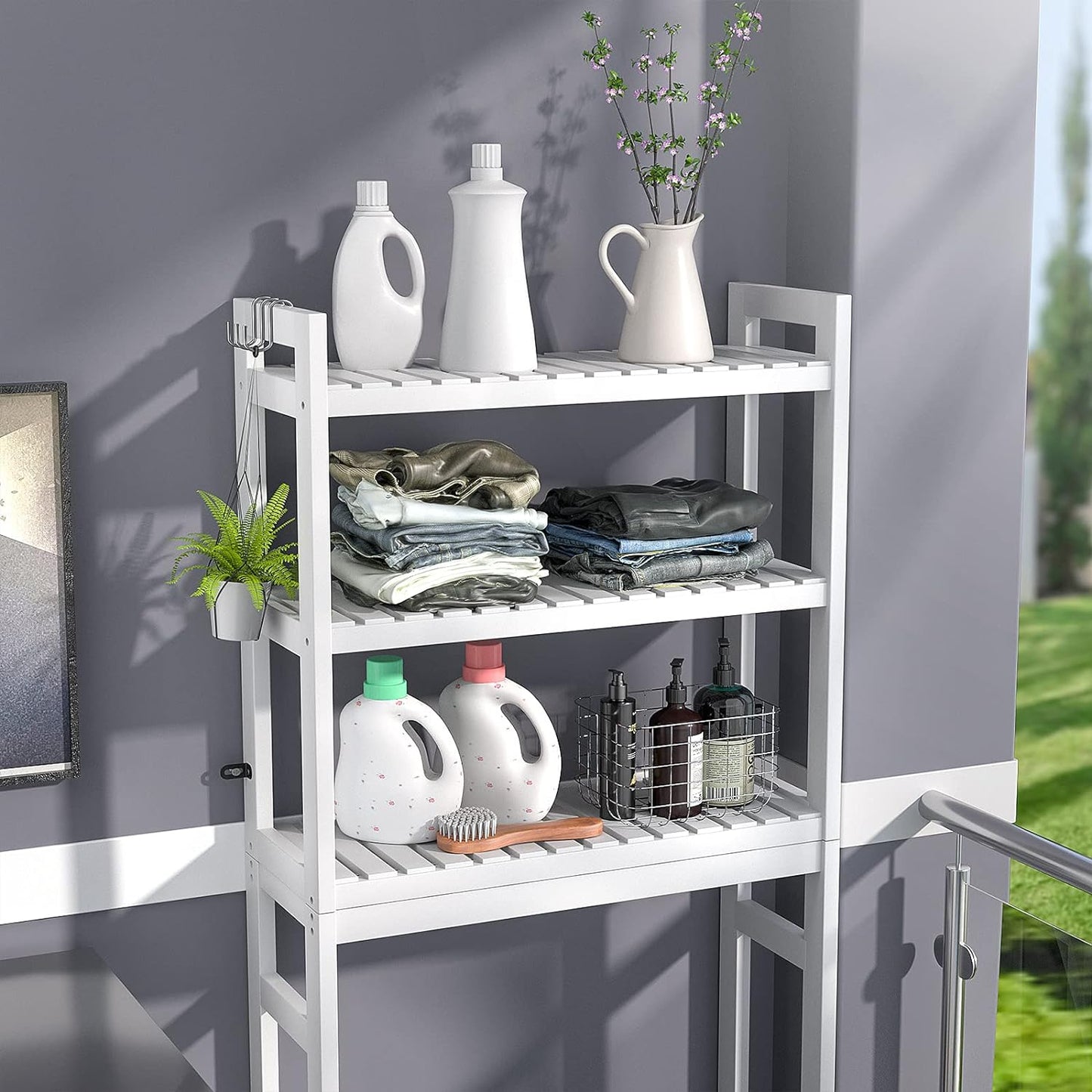 Bamboo 3-Tier Over-Toilet Organizer with Hooks – Freestanding Bathroom & Laundry Storage, White