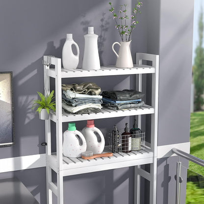 Bamboo 3-Tier Over-Toilet Organizer with Hooks – Freestanding Bathroom & Laundry Storage, White